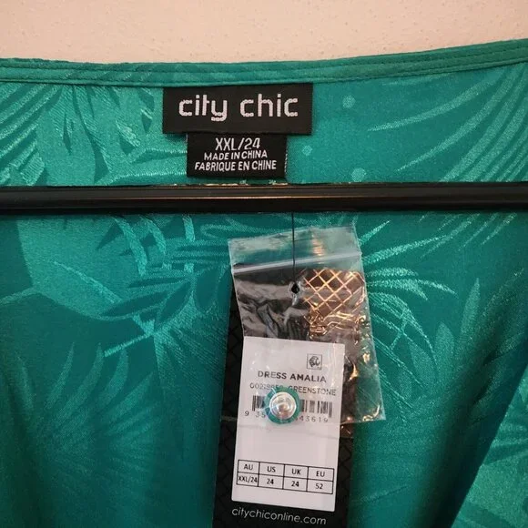 City Chic Polyester Amalia Dress XXL 24 Greenstone Palm Print V-Neck Long Sleeve - Picture 9 of 16